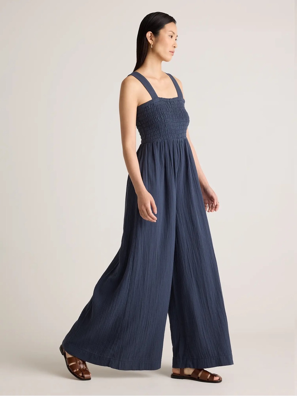 Quince Indigo Blue New NWT Organic Cotton Gauze Smocked Wide Leg Jumpsuit Medium